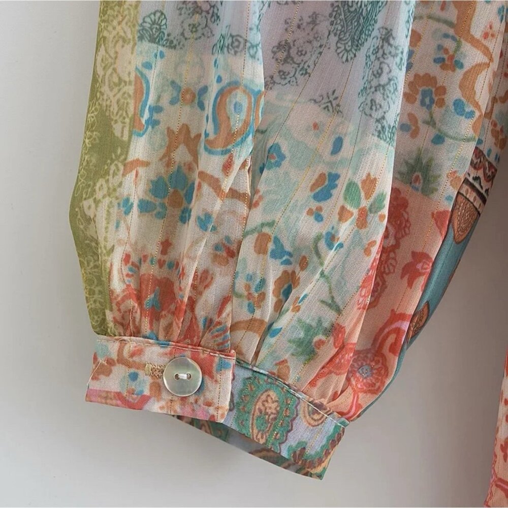 Women Bohemian Style Patchwork Multicolor Paisley V-Neck Short Mini Dress Size L - Picture 11 of 14